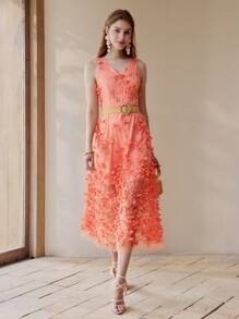 MOTF PREMIUM APPLIQUES FLORAL EMBROIDERY DRESS - Orange - View 5