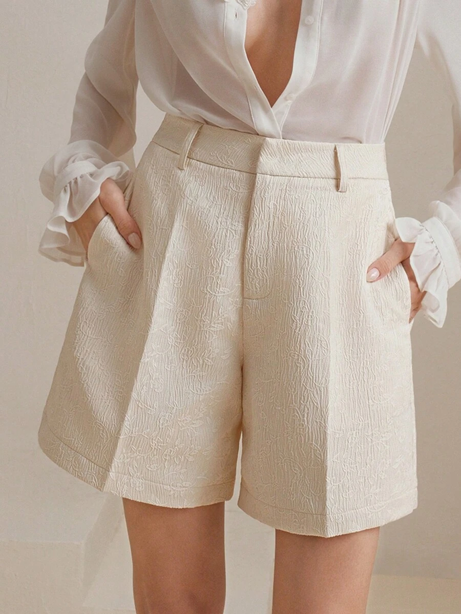 Anewsta Quần short nữ màu trơn họa tiết jacquard thời trang và đa năng, trang phục mùa hè cho lễ hội và đi chơi - Màu be - Xem 1