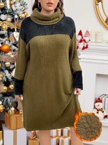 SHEIN LUNE Soft & Fluffy Turtleneck Warm Colorblock Plus Size Sweater Dress Thanksgiving New Years Outfit - Multicolor - View 2