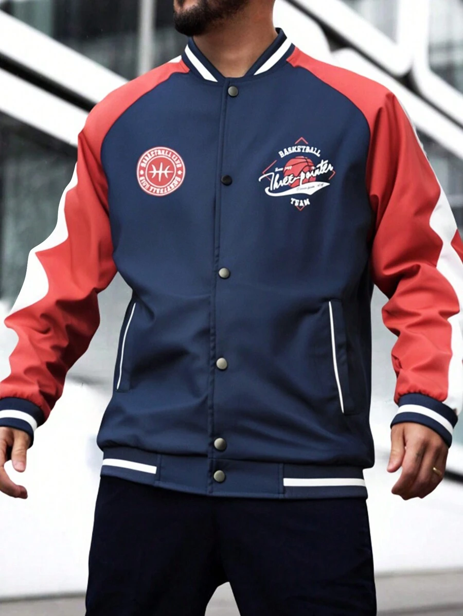 Manfinity Homme Herren Lässig Farbblock Buchstaben Muster Baseball Jacke, Herbst, Freizeitgestaltung mit Freunden Grafik Baseball Langarm Farbblock royal blau leichte Jacke, als Geschenk für Freunde, Ehemann, Freund - marineblau - Übersicht 1