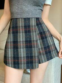 DAZY 女式红色格子短裙，简约时尚休闲日常穿着，秋季服装 - 薄荷綠 - 查看 2