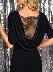 Gownix Vestido de fiesta de mujer elegante de encaje y parches, ajustado al Body, adecuado para boda/evento, verano - Negro - Ver 2
