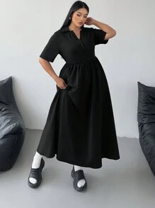 Flirla Plus Size Casual Solid Color Patchwork Dress - Black - View 3