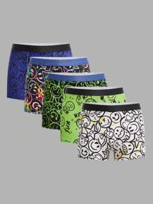 SHEIN 5-Pack Kids Tween Boys' Casual Elastic Waist Cartoon Face Pattern Boxer Briefs