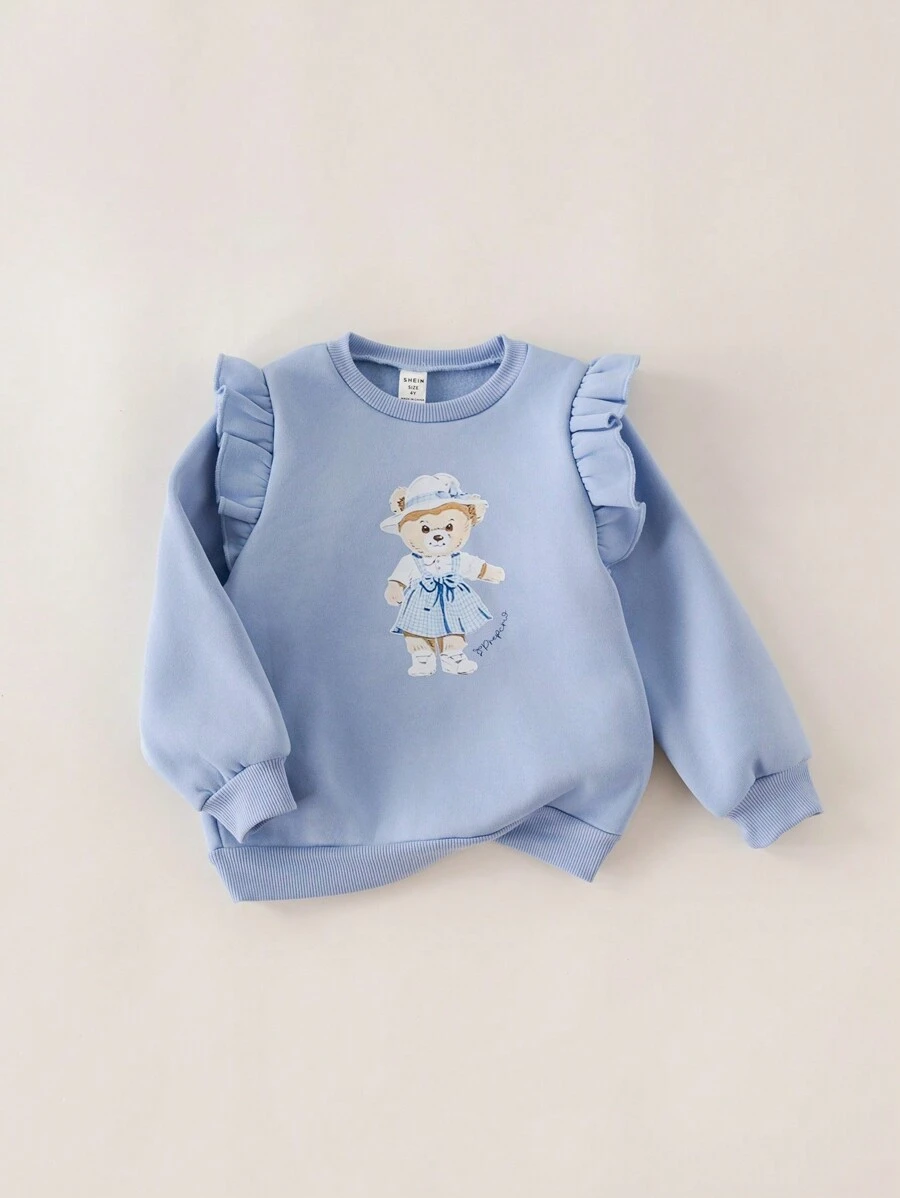 PrepCrw Young Girls Casual Bear Pattern Ribbed Crew Neck Sweatshirt With Ruffle Sleeves, Blue, Autumn/Winter - Blue - View 1