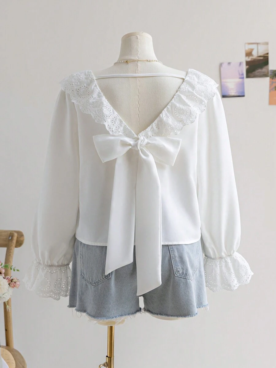 Soleia Women Plus Size White Backless Bowknot Vacation Blouse, V-Neck Embroidered Ruffle Decor Long Sleeve Shirt - White - View 1