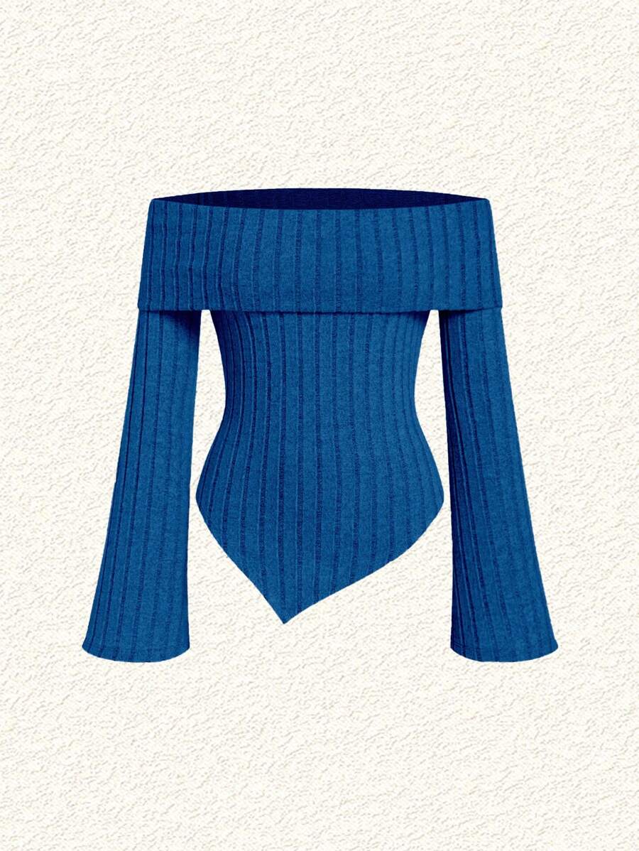SHEIN EZwear 海军蓝露肩女式针织 T 恤 - 寶藍色 - 查看 1