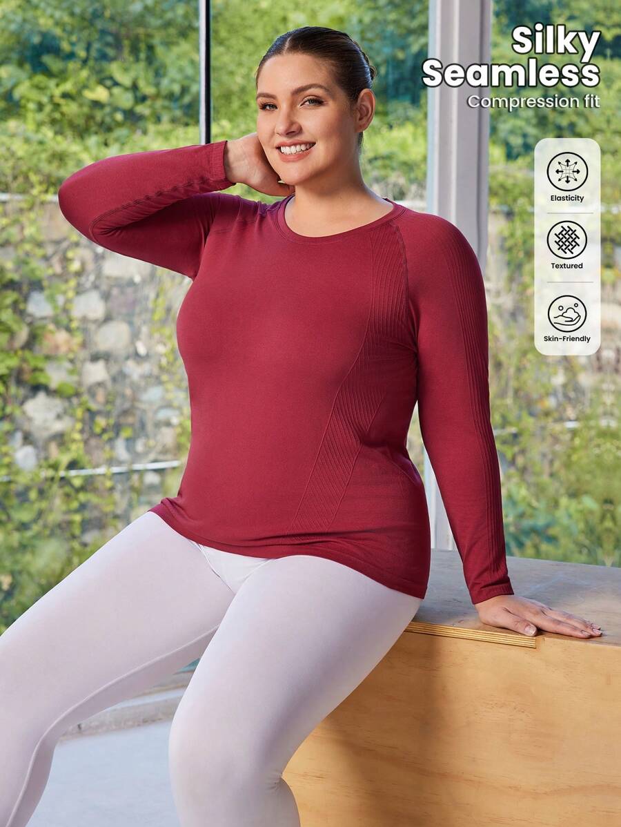 Easithlete 女士大码无缝长袖纯色运动服，简约时尚 - 酒紅色 - 查看 1