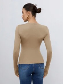 SHEIN Tall 女款三件組圓領休閒修身純色長袖T恤套裝，適合春、秋、冬季，高個女性適用 - 彩色 - 查看 9