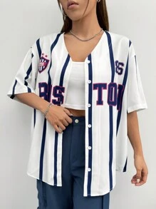 Coolane Women's Sport Letter Graphic Striped Drop Shoulder Baseball Jersey Shirt