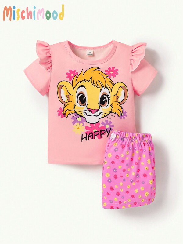 2pcs Baby Girls Casual Floral & Lion Print Ruffle Hem Top & Shorts Outfit Set