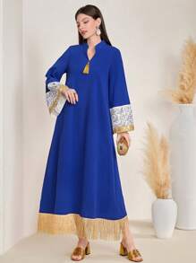 Al Najma 女式亮片拼接V领宽松阿拉伯连衣裙，端庄 - 藍色 - 查看 4