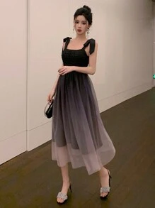 DAZY Square Neck Tie Up Color Gradient Midi Dress For Women Prom Dress Sundress Elegant Women Dresses - Black - View 10