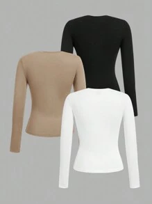 SHEIN Tall 女款三件組圓領休閒修身純色長袖T恤套裝，適合春、秋、冬季，高個女性適用 - 彩色 - 查看 3