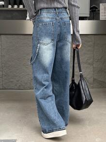 DAZY Jeans anchos y relajados con bolsillos y efecto desgastado y descolorido para mujer - Azul - Ver 2