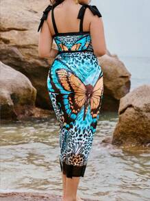 Swim Oasis Plus Size 2 Pieces Set: V-Neck Butterfly Print Swimsuit With Tie-Front Cover Up And Long Tie-Waist Skirt, Beachwear For Vacation Summer