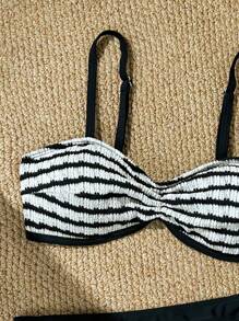 Women 2pcs Striped Jacquard Fabric Spaghetti Strap Ruched Sexy Bikini Set Summer - Black and White - View 4