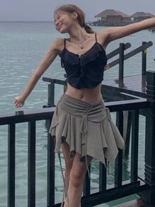 DAZY 两件套女士荷叶边吊带露脐上衣套装，春夏亚麻材质，秋季女士家居服套装 - 黑色 - 查看 4