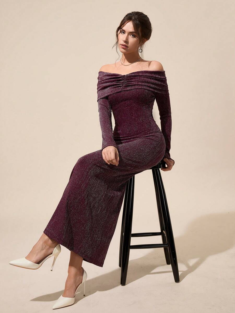SHEIN Cottnline Lurex Bardot Neck Ruched Long-Sleeve Bodycon Maxi Dress - Purple - View 1