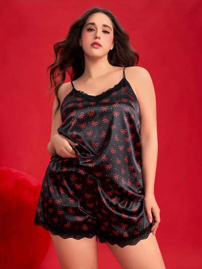 Kawaii Ensemble de pyjama en satin avec short et camisole à panneau de dentelle imprimé floral, romantique pour la Saint-Valentin, grandes tailles