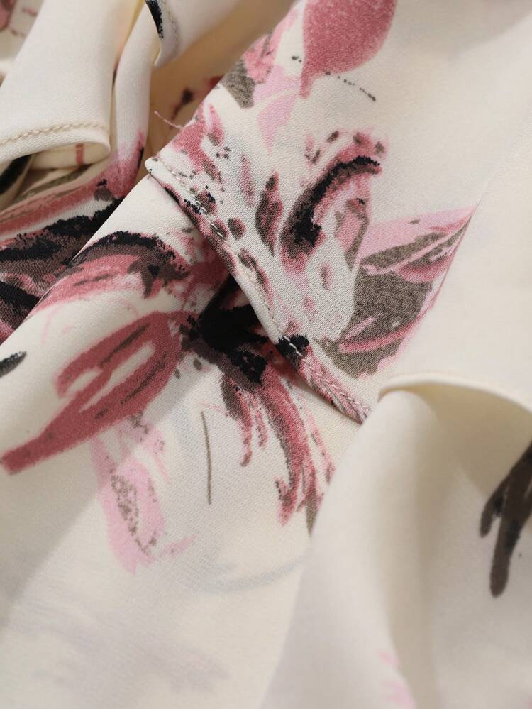 Women's Elegant V-Neck Floral Puff Sleeve Ruffle Hem Mid-Length Dress, Summer Sundress Easter