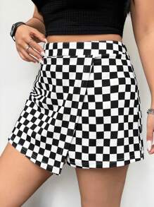 SHEIN EZwear Plus Size Women's Checkerboard Black And White Print Wrap Culottes For Summer - Black and White - View 2