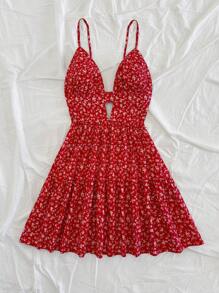 Soleia Vestido casual de vacaciones con tirantes finos, escote en V y espalda descubierta, con lindo estampado floral rojo en fondo blanco