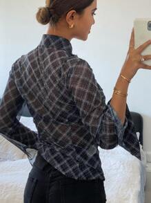 DAZY Casual Summer Plaid Mesh Long Sleeve Ruffled Collar Top For Women Sheer,Fall Clothes School - Black - View 2