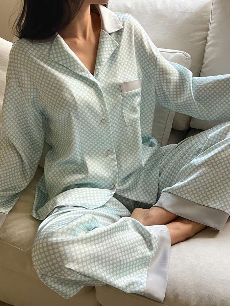 Loose Plaid Print Long Sleeve 2 Pieces Pajama Set For Women, Back To School, Fall & Winter Clothes