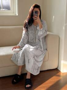 DAZY Piyama Baju Tidur Wanita Longgar Bermotif Lurus Nyaman - Biru - View 1