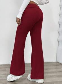 SHEIN EZwear Casual Solid Color Knitted Low Waist Flare Leg Fitted Pants For Women