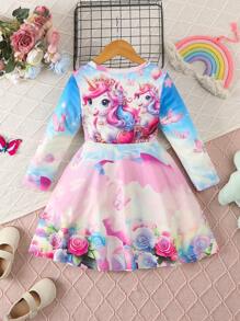 SHEIN Nuovo abito a maniche lunghe con stampa arcobaleno e unicorno, adatto per bambine di 4-7 anni, abbigliamento casual quotidiano per bambine e bambine piccole, autunno/inverno - Multicolore - Visualizzare 2