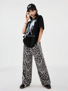 SHEIN Pantalones deportivos anchos con textura decorativa de banda de estampado de leopardo para niñas preadolescentes en primavera - Multicolor - Ver 6
