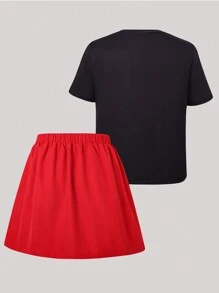 Wildeya Conjunto de 2 piezas para niña preadolescente: Camiseta de manga corta negra con estampado de rosa y letra, combinada con falda mini plisada roja. Elegante y encantador, apto para la escuela, salidas y festivales musicales, para todo el año.