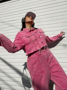 SHEIN EZwear Plus Size Denim Jacket, Long Sleeve, Cropped, Pink - Pink - View 3