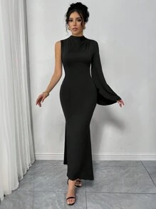 Chiquease Women's Elegant Party Single Flared Sleeve Solid Color Mermaid Hem Bodycon Long Dress, Autumn/Winter