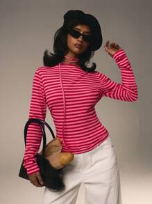 Athîral Camiseta de manga larga de cuello redondo de estilo casual a rayas para mujer, de otoño