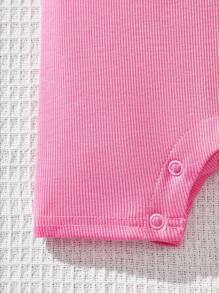 SHEIN 2pcs/Set Baby Girl Summer Cute Solid Color Knitted Letter Graphic Romper Outfit - Multicolor - View 5