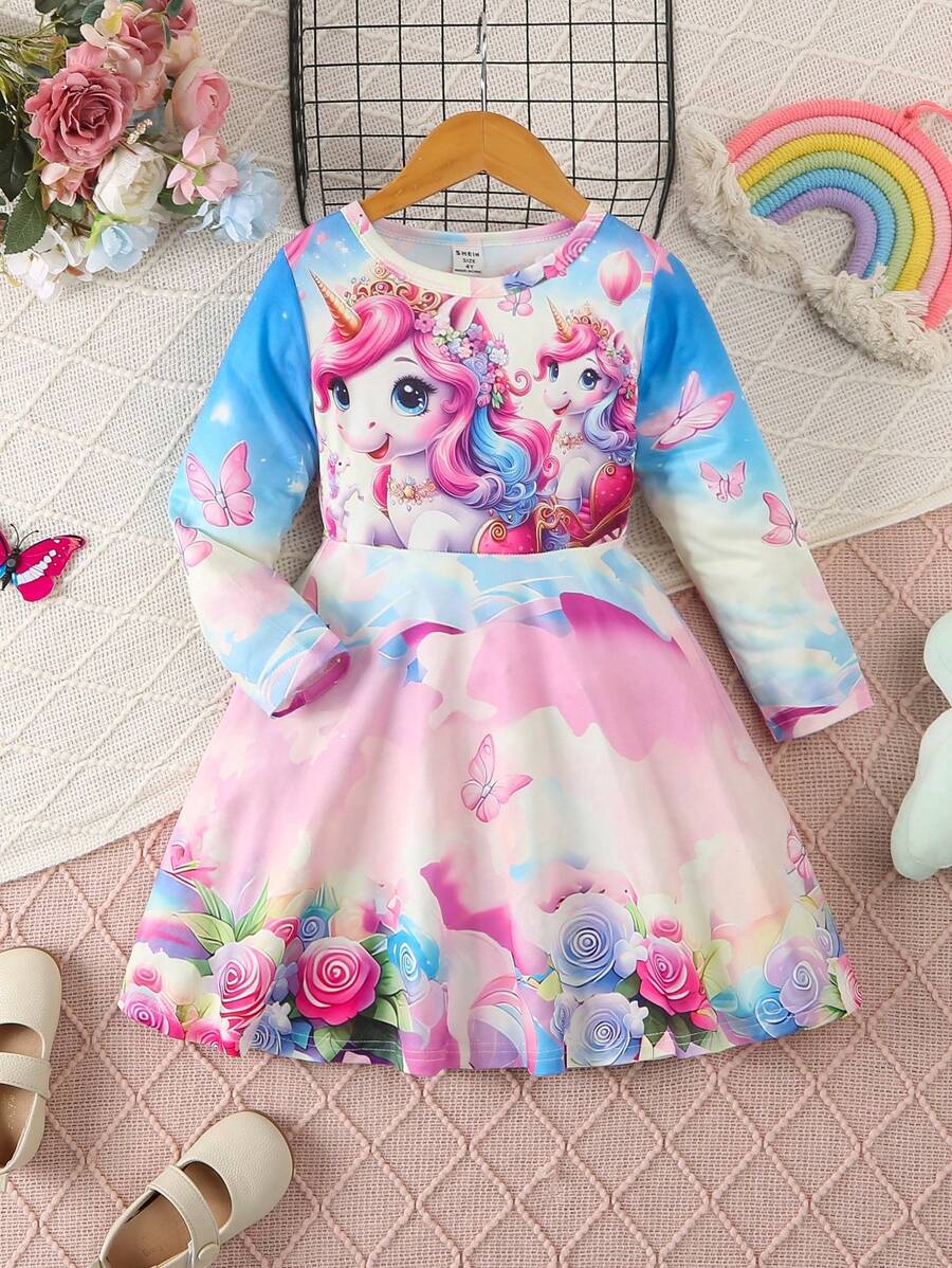 SHEIN Nuovo abito a maniche lunghe con stampa arcobaleno e unicorno, adatto per bambine di 4-7 anni, abbigliamento casual quotidiano per bambine e bambine piccole, autunno/inverno - Multicolore - Visualizzare 1