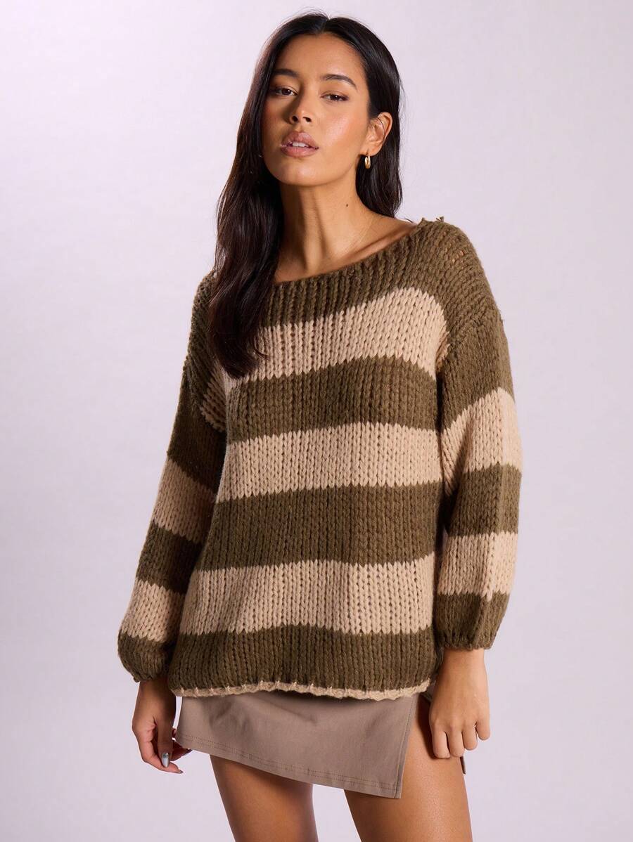 MUSERA Áo len dệt kim kẻ sọc Y2K mùa xuân thường ngày dễ thương phong cách mặt trời thập niên 90 - xanh quân đội - Xem 1