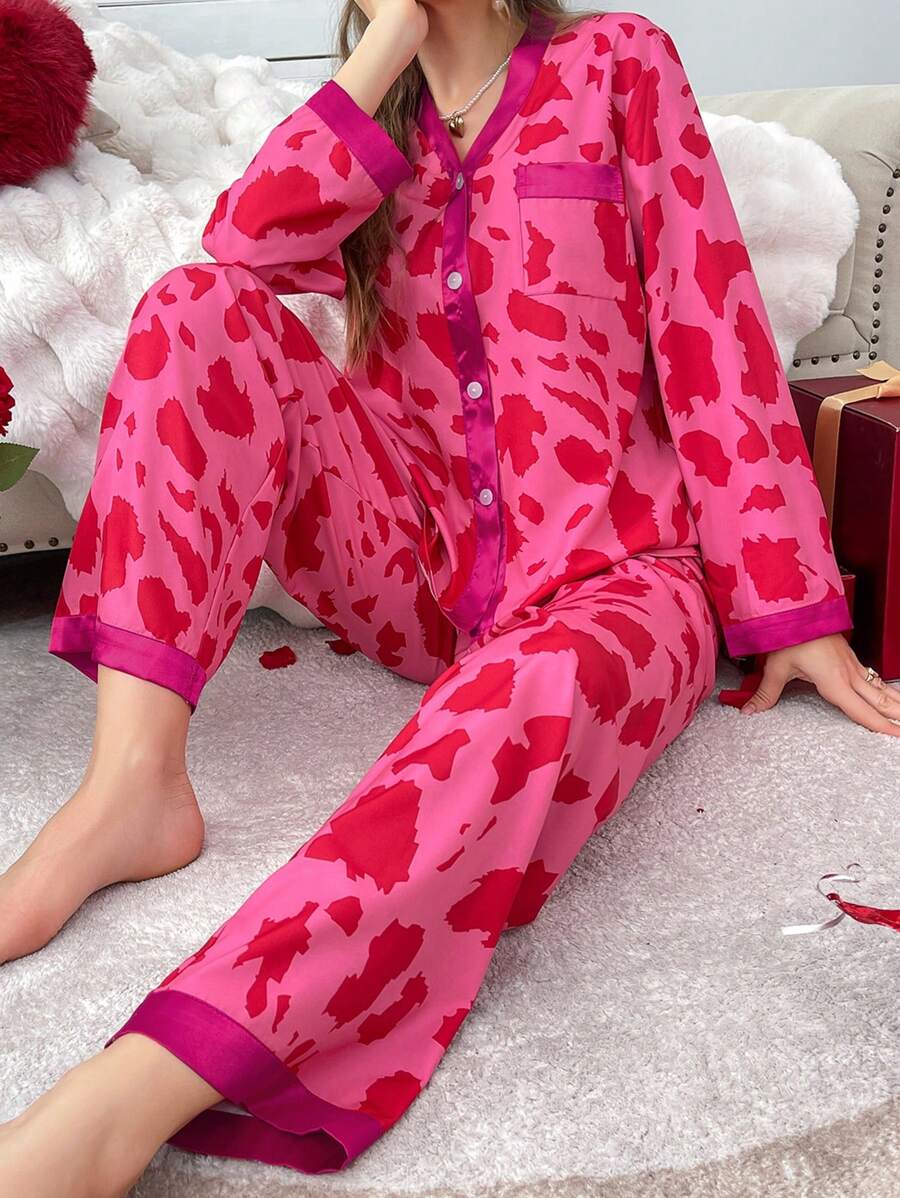 SHEIN 撞色滚边抽象图案休闲睡衣套装，女士秋冬服装 - 彩色 - 查看 1