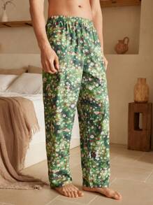 Manfinity ChillVibe Pantalones de estar por casa casuales con cintura elástica y estampado de toda la prenda para hombres