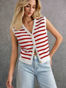 Poéselle Women Casual Striped Pattern Sleeveless Cardigan Sweater Winter Women Outfits Women Cardigan Stripe Effortless Chic Essential