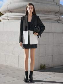 BizChic Blazer de costume en contraste noir et blanc, tenue de bureau élégante pour femmes, décontractée pour le printemps et l'été - Noir et Blanc - Voir 2