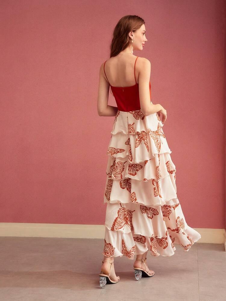 BUTTERFLY PRINT RUFFLE HEM CAMI DRESS,VALENTINE'S DAY OUTFIT,SPRING/SUMMER