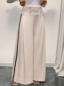 SHEIN Clasi Pantalon casual ample en couleur unie avec patchwork et boutons devant pour femme - Kaki - Voir 4