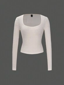 Chiquease Casual Commuter Square Neck Texture Stof Slim Fit Lange Mouw T-shirt Top, Veelzijdig & Flatterend