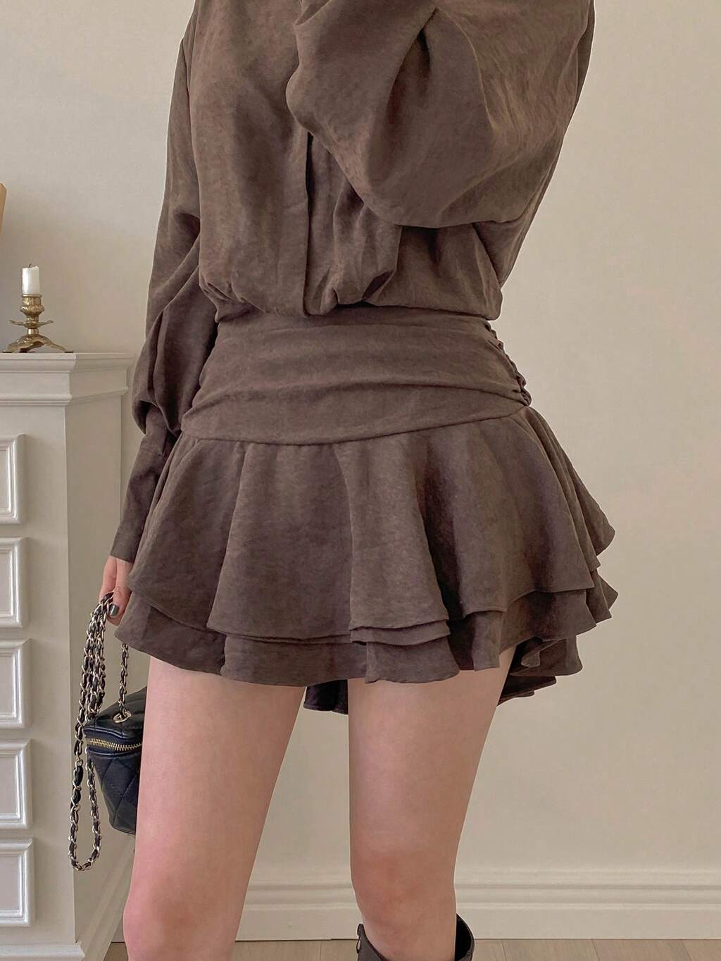 Vestido Curto Patchwork 2 em 1 com Gola de Camisa Feminina, Roupas de Primavera/Verão dos Anos 90, Babado, Vestido Mini, Vestido de Manga Longa de Roupas de Outono