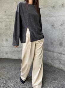 FRIFUL Women's Autumn Shiny Round Neck Dropped Shoulder Long Sleeve Loose Slit Top,Fall Women Clothes
