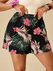 Travachic Plus Size Boho Summer Tropical Print Wide Leg Beach Shorts - Black - View 5